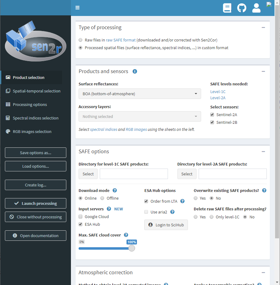 **Figure: A screenshot of the `sen2r` graphical user interface accessible by running `sen2r::sen2r()`.**