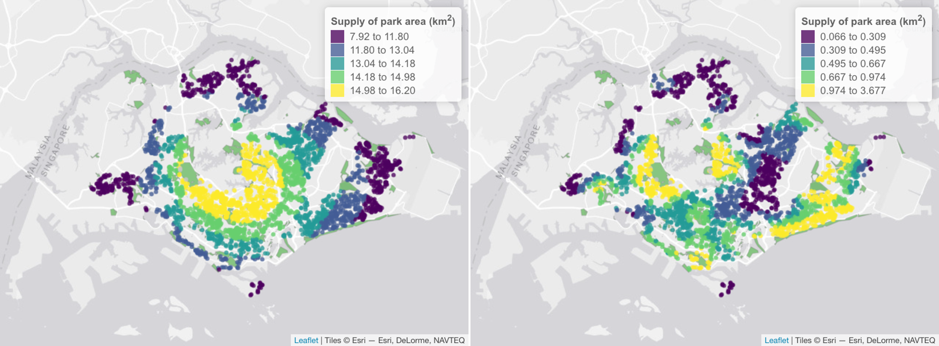 Screenshot: Examples showing the supply of OSM park area to residential buildings in Singapore for the year 2020 when the value of Coefficient c is 0.1 (left panel) and 1 (right panel). Each building is denoted as a pount (a random subset is shown). The color palette for the buildings (points) is binned according to the quantile values.