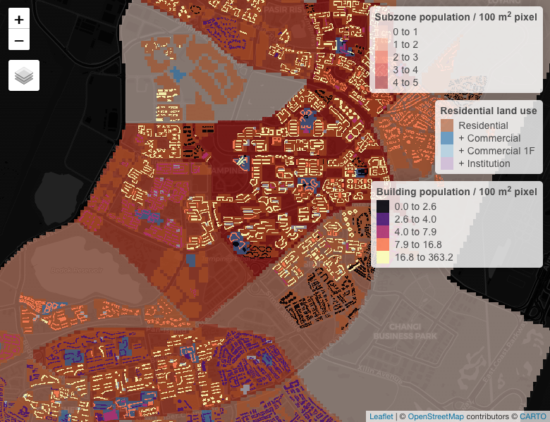 Example screenshot showing an overlay of multiple datasets used to redistribute the population across buildings within residential land use zones. The legends are ordered (top to bottom) by increasing spatial resolution.