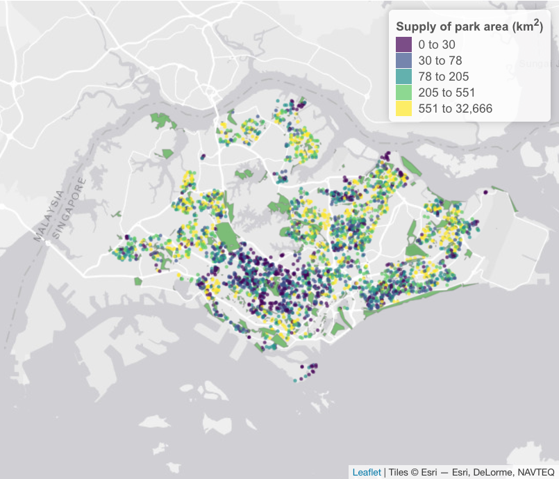 Screenshot: Supply of park area to building residents in Singapore based on OSM data (2020). Each building is denoted as a point (a random subset is shown). The value for Coefficient c was set at 0.302. The color palette is binned according to quantile values.