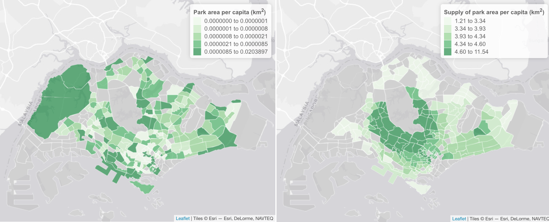 Screenshot: Provision of park area per capita within each subzone in Singapore, as measured by the total park area per subzone (left panel); and by the supply of park area to residents within residential buildings (right panel). Based on OSM data (2020). For the calculation of the supply value per building, the value for Coefficient c was set at 0.302. The color palettes are binned according to quantile values.